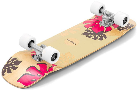The Mindless Oasis Cruiser Skateboard 32″ x 9″ - Natural features a maple deck with white wheels, ABEC 9 chrome bearings, and pink and dark brown tropical leaf designs on a light tan background.
