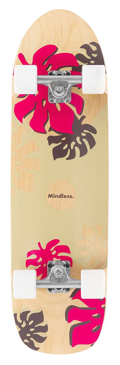 The Mindless Oasis Cruiser Skateboard 32″ x 9″ - Natural features a beige maple deck with red and brown tropical leaf designs, white wheels, silver trucks, and ABEC 9 Chrome bearings.