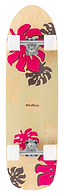 The Mindless Oasis Cruiser Skateboard 32″ x 9″ - Natural features a beige maple deck with red and brown tropical leaf designs, white wheels, silver trucks, and ABEC 9 Chrome bearings.