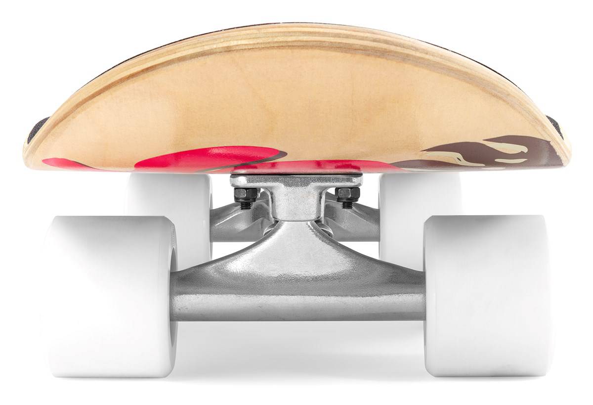 Close-up of the Mindless Oasis Cruiser Skateboard 32″ x 9″ - Natural at ground level, showing its white wheels with ABEC 9 Chrome bearings, silver trucks, and maple deck with a vibrant partial graphic.