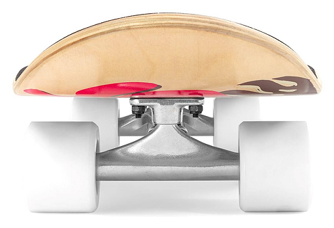 Close-up of the Mindless Oasis Cruiser Skateboard 32″ x 9″ - Natural at ground level, showing its white wheels with ABEC 9 Chrome bearings, silver trucks, and maple deck with a vibrant partial graphic.
