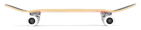 Side view of the Mindless Oasis Cruiser Skateboard 32″ x 9″ - Natural by Mindless, featuring white wheels, ABEC 9 Chrome bearings, and an upward-curved nose and tail against a white background.