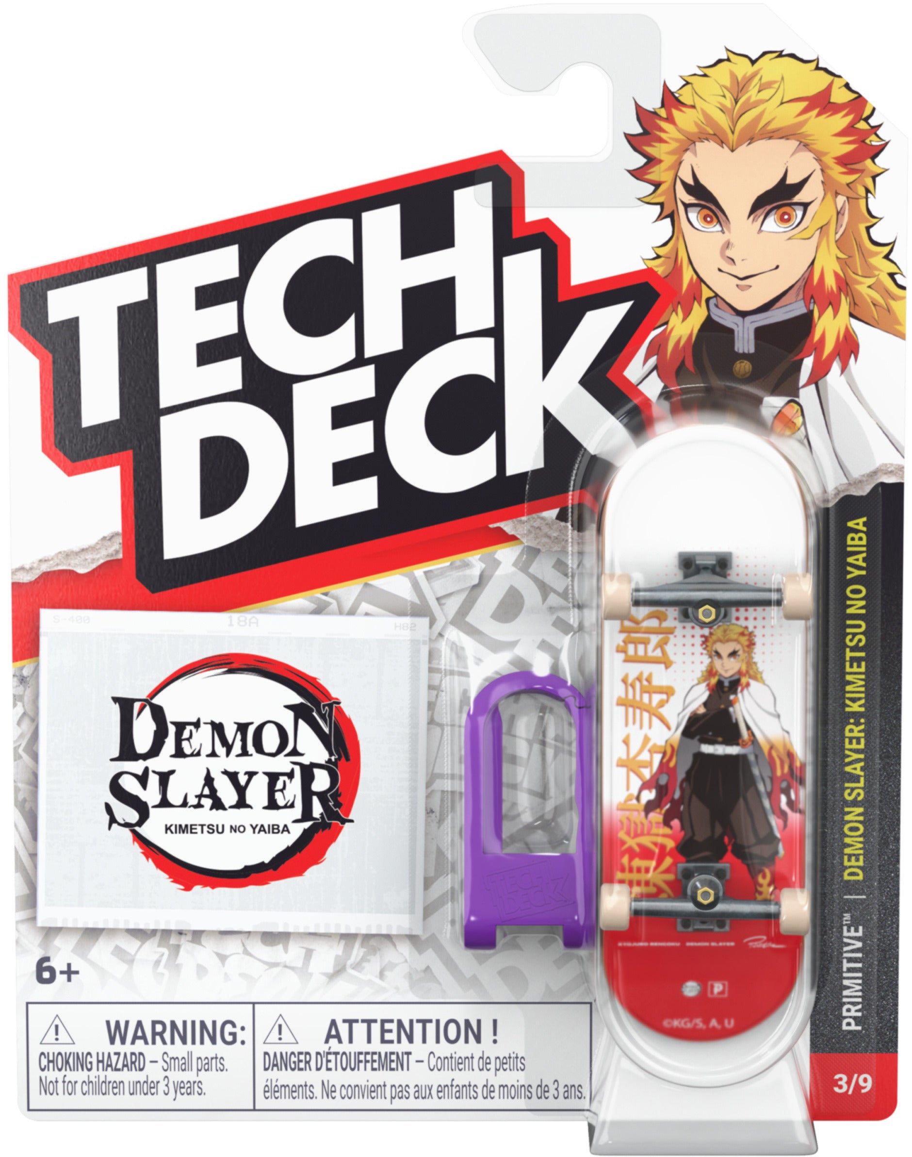 The Tech Deck 96mm M04 Primitive x Demon Slayer Fingerboard - Kyojuro Rengoku is a collectible set from Tech Deck featuring a detailed 96mm fingerboard designed as an authentic skateboard replica. This Demon Slayer-themed mini skateboard showcases Kyojuro Rengoku, includes a purple tool, and comes in packaging with artwork of Rengoku above the “Tech Deck” and “Demon Slayer” logos. Choking hazard warning is displayed at the bottom.