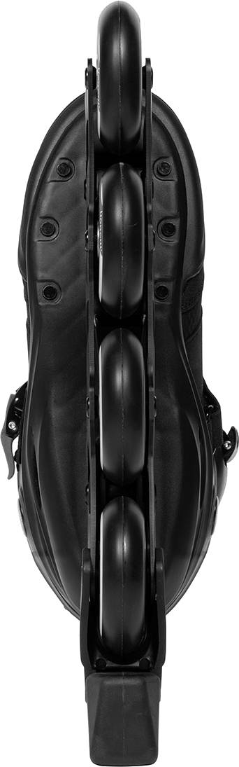 Underside view of black .motion Dreamstate Inline Skates, featuring four wheels aligned in a single row.