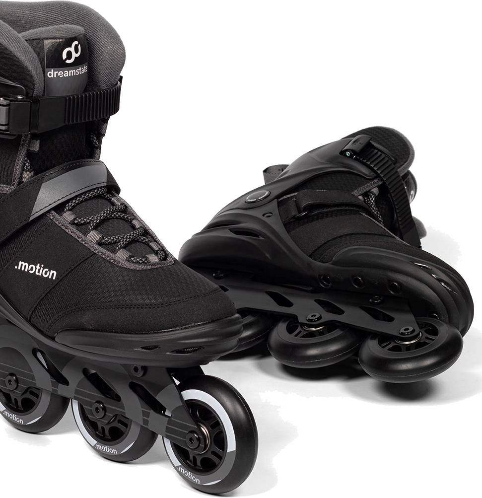 .motion Dreamstate Inline Skates in black, featuring four wheels and buckle closures.