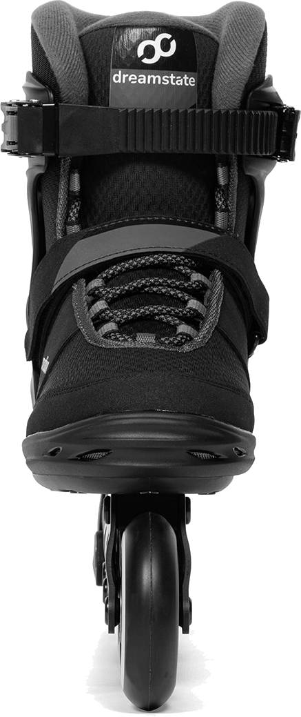 Front view of black .motion Dreamstate Inline Skates featuring a buckle strap, a hook-and-loop closure over the laces, and a single wheel.