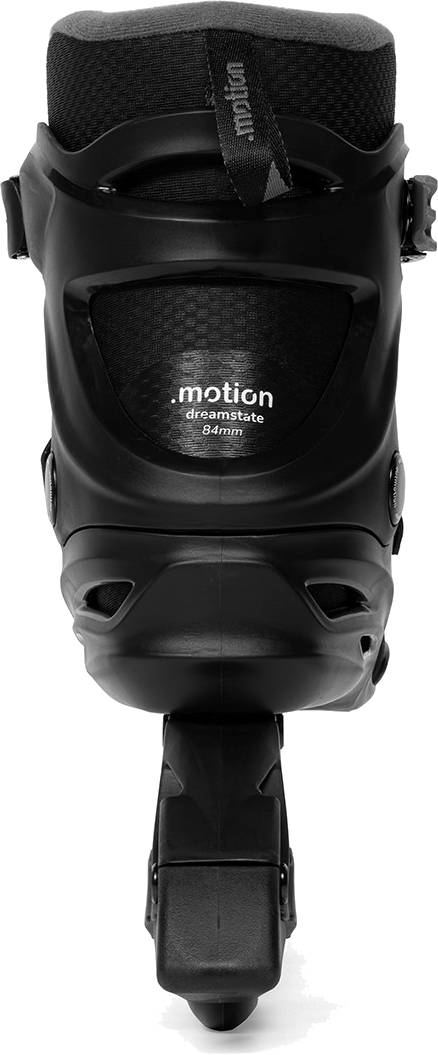 Rear view of a black .motion Dreamstate Inline Skate with a single wheel visible at the bottom, designed for adult fitness.