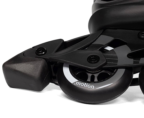 Close-up of a black .motion Dreamstate Inline Skate showing the wheels and the toe brake.