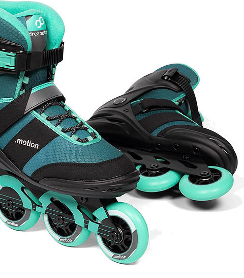 Pair of teal and black .motion Dreamstate Inline Skates featuring three 84mm wheels each.