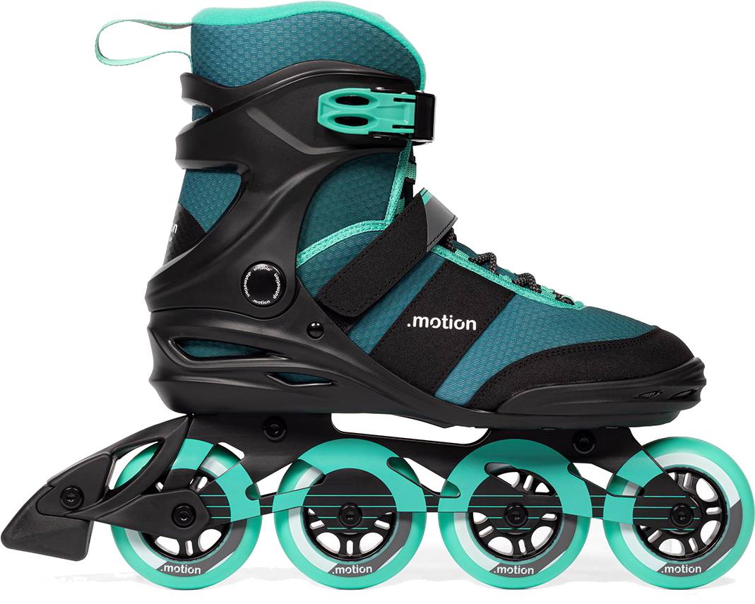 .motion Dreamstate Inline Skates in teal and black, featuring a four-wheel design with 84mm wheels and a buckle and strap closure system.