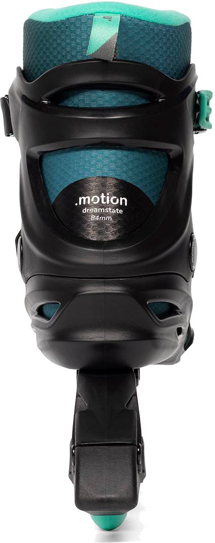 Rear view of teal and black .motion Dreamstate Inline Skates.
