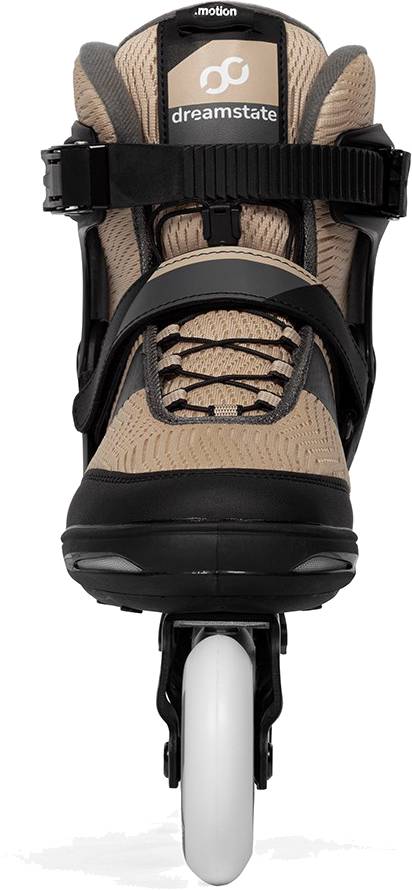 .motion Dreamstate Fly Inline Skates - Sand in tan and black, featuring a black strap, laces, and a single 84mm PU wheel.