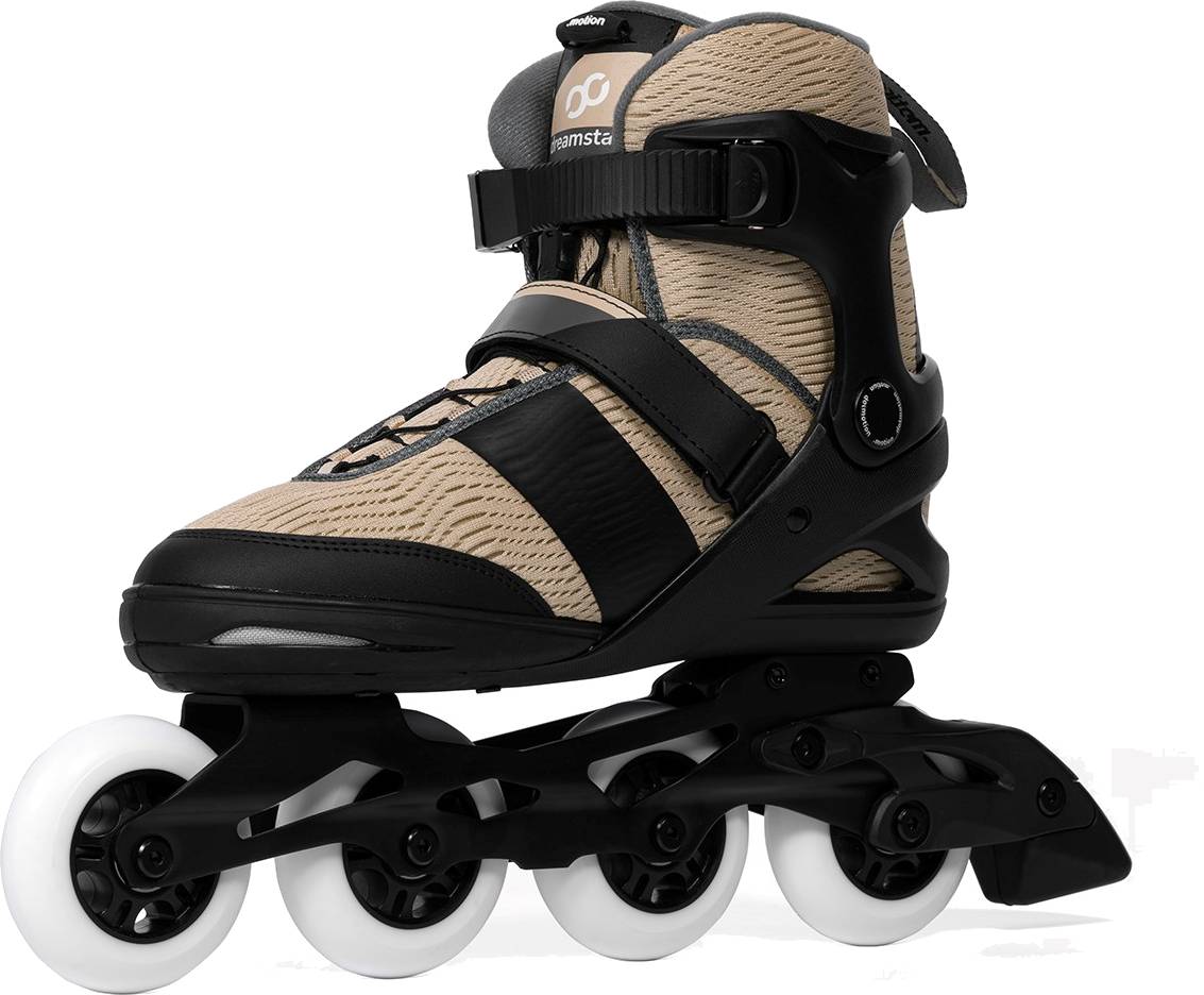 .motion Dreamstate Fly Inline Skates - Sand with a buckle strap, laces, and four 84mm PU wheels on a black frame.