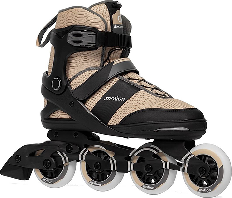 .motion Dreamstate Fly Inline Skates - Sand in beige and black, featuring four 84mm PU wheels, a buckle strap, and laces.