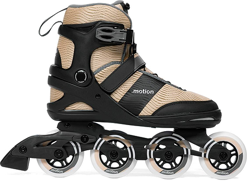 .motion Dreamstate Fly Inline Skates in sand, featuring a tan and black design with a four-wheel frame and buckle closure.