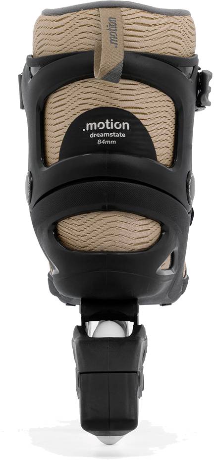 Rear view of a tan .motion Dreamstate Fly Inline Skate with a black supportive frame and a single visible 84mm PU wheel.