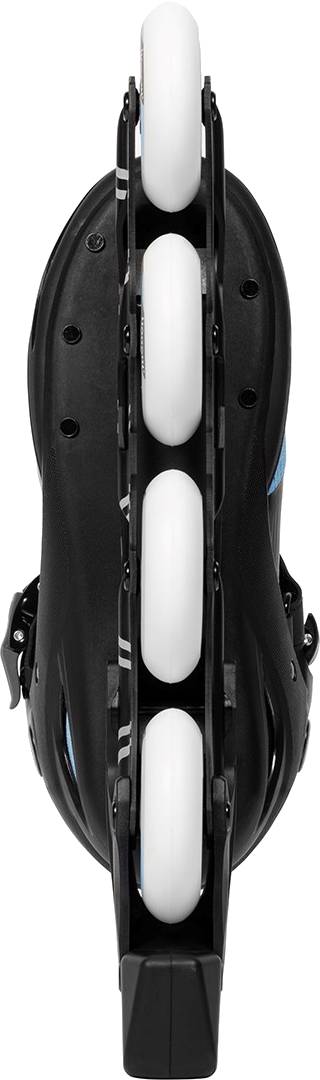 Bottom view of .motion Dreamstate Fly Inline Skates - Sky showing four 84mm PU wheels aligned in a black frame.