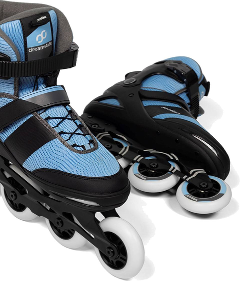 .motion Dreamstate Fly Inline Skates in sky blue and black, each featuring four 84mm PU wheels.