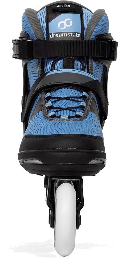 .motion Dreamstate Fly Inline Skates - Sky in light blue and black, featuring a front-facing wheel, two adjustable buckle straps, and 84mm PU wheels.