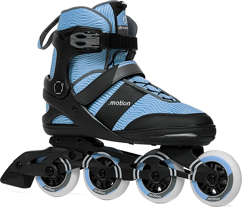 .motion Dreamstate Fly Inline Skates - Sky in light blue and black, featuring four 84mm PU wheels and a buckle and strap closure.
