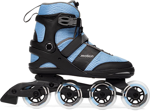 .motion Dreamstate Fly Inline Skates - Sky in light blue and black, featuring a ratcheting ankle buckle, a midfoot strap, and four 84mm PU wheels.