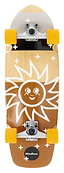 The Mindless Soul Surf Skate Cruiser Skateboard 29.5″ x 9.75″ - Brown features yellow wheels, a wooden deck, and a sun graphic with a smiling face and stars. “Mindless.” appears at the bottom.