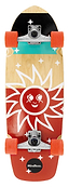 A Mindless Soul Surf Skate Cruiser Skateboard 29.5″ x 9.75″ - Red with orange wheels and a deck featuring a smiling sun, stars, “Mindless” graphics, and bold natural wood, red, black, and teal accents.