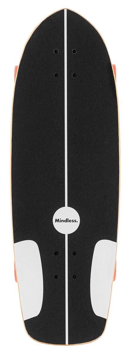 Enjoy the Mindless Soul Surf Skate Cruiser Skateboard 29.5″ x 9.75″ - Red, featuring a white center stripe, white grip areas at both ends, orange wheels, and “Mindless.” printed in the middle—perfect for your next ride.