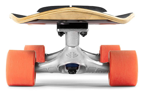 A close-up, low-angle view of a Mindless Soul Surf Skate Cruiser Skateboard 29.5″ x 9.75″ - Red featuring large orange wheels, a silver truck, and wood deck with black grip tape; focus is on the underside of the surf skate.