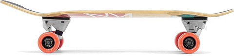 Side view of a Mindless Soul Surf Skate Cruiser Skateboard 29.5″ x 9.75″ - Red with a light wooden deck, silver trucks, and orange wheels, shown against a white background. Brand: Mindless.