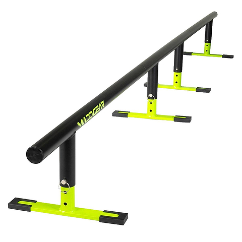 The Madd Gear MGP Ninety9 Grind Rail - 251cm in black and neon yellow, with four sturdy legs and “MAD GEAR” branding, is ideal for skateboard, scooter, or BMX grind practice.