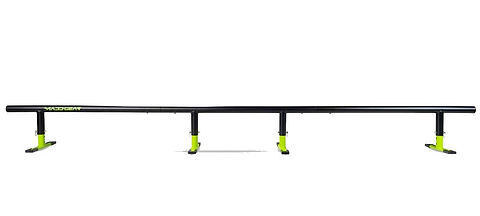 The Madd Gear MGP Ninety9 Grind Rail (251cm), a long black rail with four yellow-green supports by Madd Gear, is set horizontally against a white background for practicing skateboarding or snowboarding tricks.