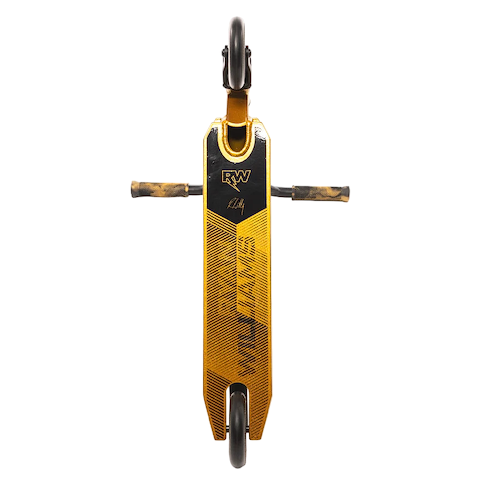 Top view of the Nitro Circus Ryan Williams Signature Replica 2025 Complete Stunt Scooter in gold and black, with matching handlebars extending horizontally and two black wheels at each end.