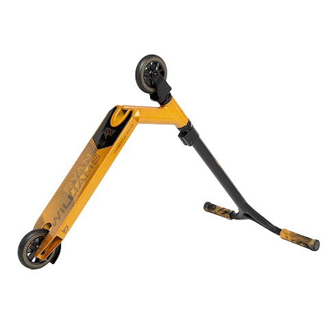 The Nitro Circus Ryan Williams Junior Replica 2025 Complete Stunt Scooter in gold and black is shown disassembled, with the deck and front wheel upright and the handlebars detached on the ground against a white background.