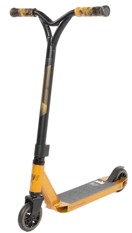 The Nitro Circus Ryan Williams Junior Replica 2025 Complete Stunt Scooter in gold and black features black wheels, angled handlebars, and camouflage-patterned grips, and is shown on a plain white background.