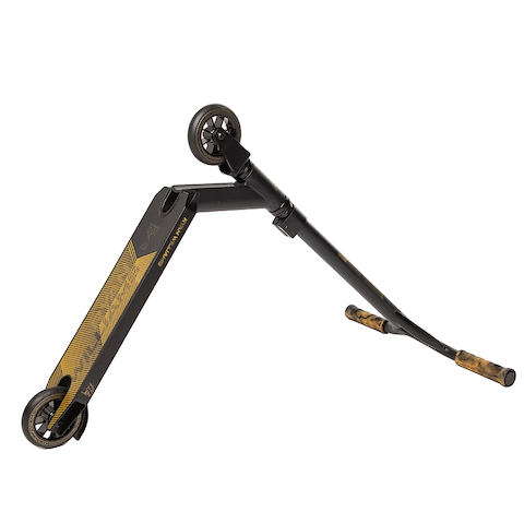 The Nitro Circus Ryan Williams Junior Replica 2025 Complete Stunt Scooter in black is shown mid-air, with the patterned deck and grips highlighted, and the deck and handlebars separated at an angle.