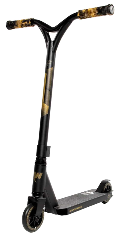 The Nitro Circus Ryan Williams Junior Replica 2025 Complete Stunt Scooter in black features gold handlebar grips, a black deck, and gold wheel accents—perfect for young riders seeking pro style in a compact Nitro Circus design.
