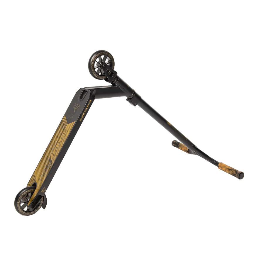 The Nitro Circus Ryan Williams Signature Replica 2025 Complete Stunt Scooter in black rests with its front wheel and handlebar on the ground, showcasing the deck, rear wheel, and textured handlebars.