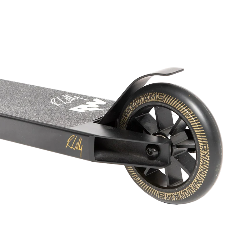 Close-up of the rear wheel and deck on the Nitro Circus Ryan Williams Signature Replica 2025 Complete Stunt Scooter in black, featuring gold detailing, Ryan Williams’ signature, a textured wheel design, and a metal fender.