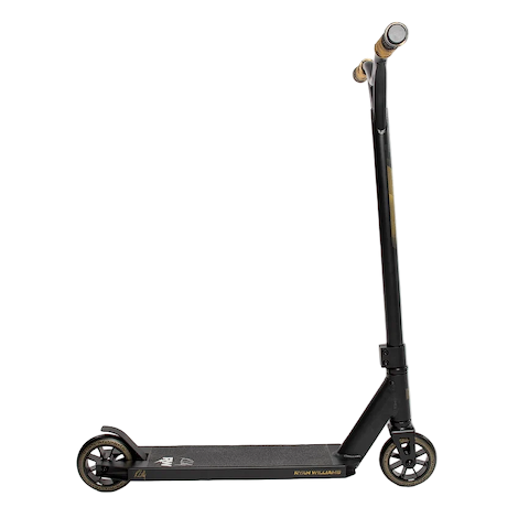 The Nitro Circus Ryan Williams Signature Replica 2025 Stunt Scooter in black features gold accents, small wheels, a flat deck with printed text, striped black and gold handle grips, and high handlebars. Ideal for beginners. Shown in profile on a white background.