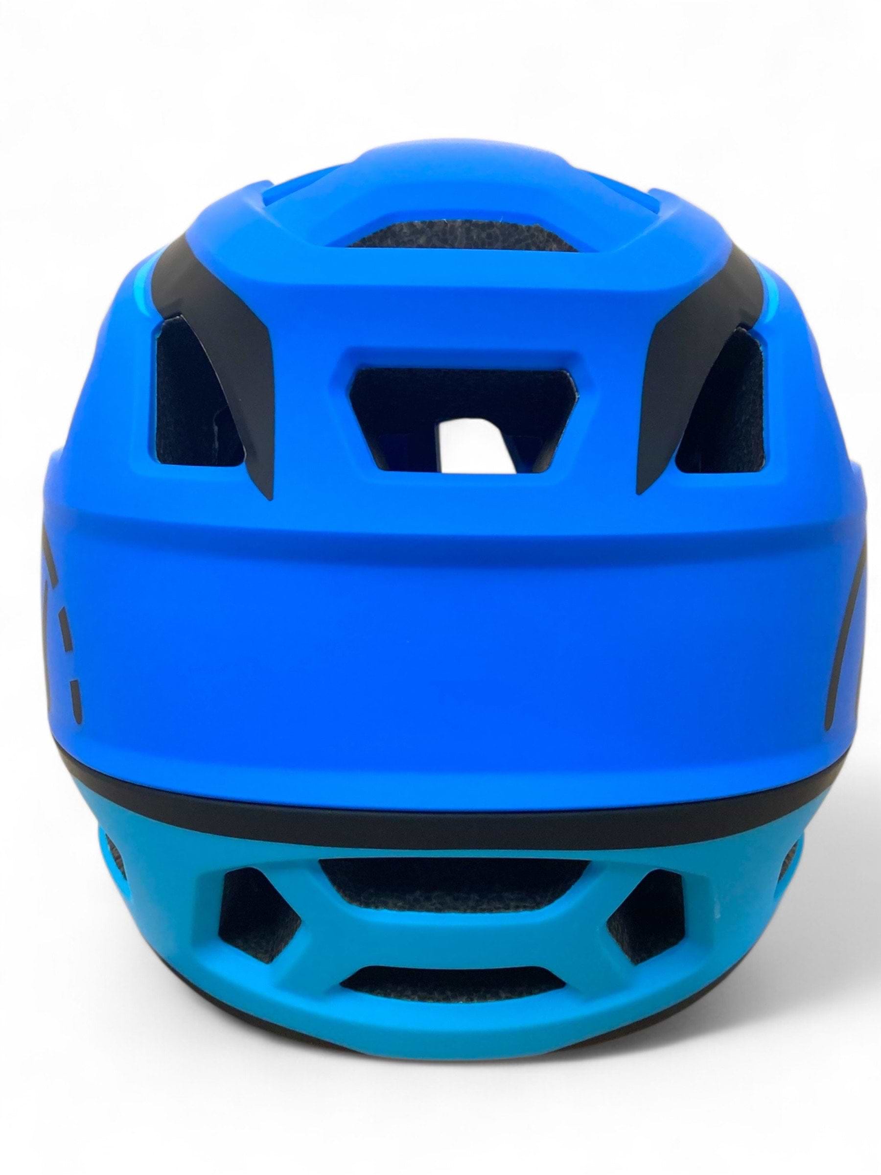 The Revvi Kids Full Face MTB Helmet in blue by Revvi features black accents, multiple ventilation openings, and a smooth, modern design, all shown from the back. Lightweight and ideal for young riders.