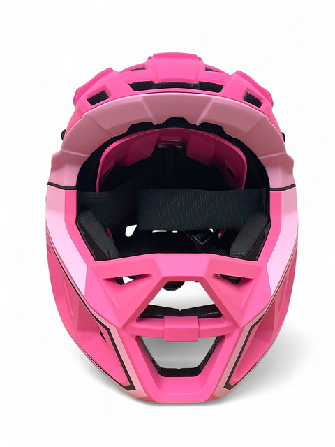 The Revvi Kids Full Face MTB Helmet in bright pink features black interior padding and ventilation openings, shown front-facing against a white background. Brand: Revvi.