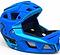 The Revvi Kids Full Face MTB Helmet - Blue by Revvi features a bright blue design with black accents, a large chin guard, multiple ventilation openings, and geometric patterns. This lightweight kids helmet is shown on a plain white background.