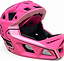 The Revvi Kids Full Face MTB Helmet - Pink by Revvi features black and light pink accents, a sturdy chin guard, ventilation openings, and a matte finish. This lightweight mountain bike helmet is displayed against a plain white background.