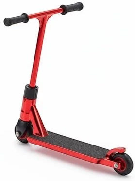 The Finger Whips Finger Toy Scooter - Red features black handlebar grips, a black textured footboard, and two small black wheels—ideal for performing Finger Whips tricks. Brand: Finger Whips. Displayed on a white background.