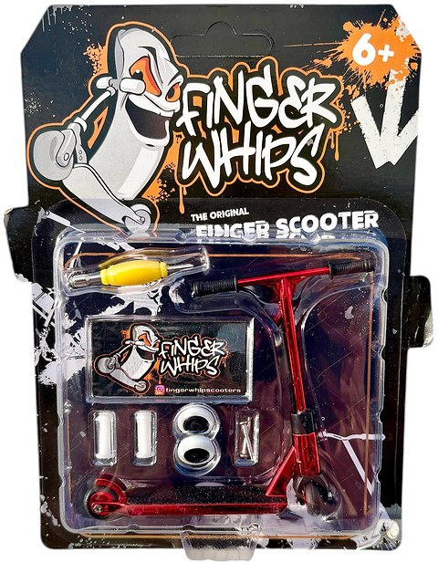 The Finger Whips Finger Toy Scooter – Red by Finger Whips comes in graffiti-branded packaging and includes a red finger scooter, yellow tool, extra wheels, and stickers. Designed for ages 6 and up, it’s perfect for mini scooter fans eager to master new tricks.