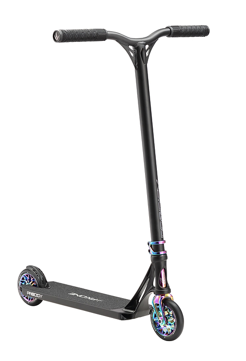 The Blunt Envy Prodigy X ONE Complete Stunt Scooter in Black/Oil Slick Neochrome features a straight handlebar, rainbow accents on the wheels and clamp, and a textured Extech deck, displayed against a white background.