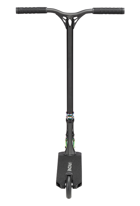 The Blunt Envy Prodigy X ONE Complete Stunt Scooter in Black/Oil Slick Neochrome has wide handlebars, a durable Extech extrusion deck with griptape, and a minimalist design with a single front wheel—seen here from the front.