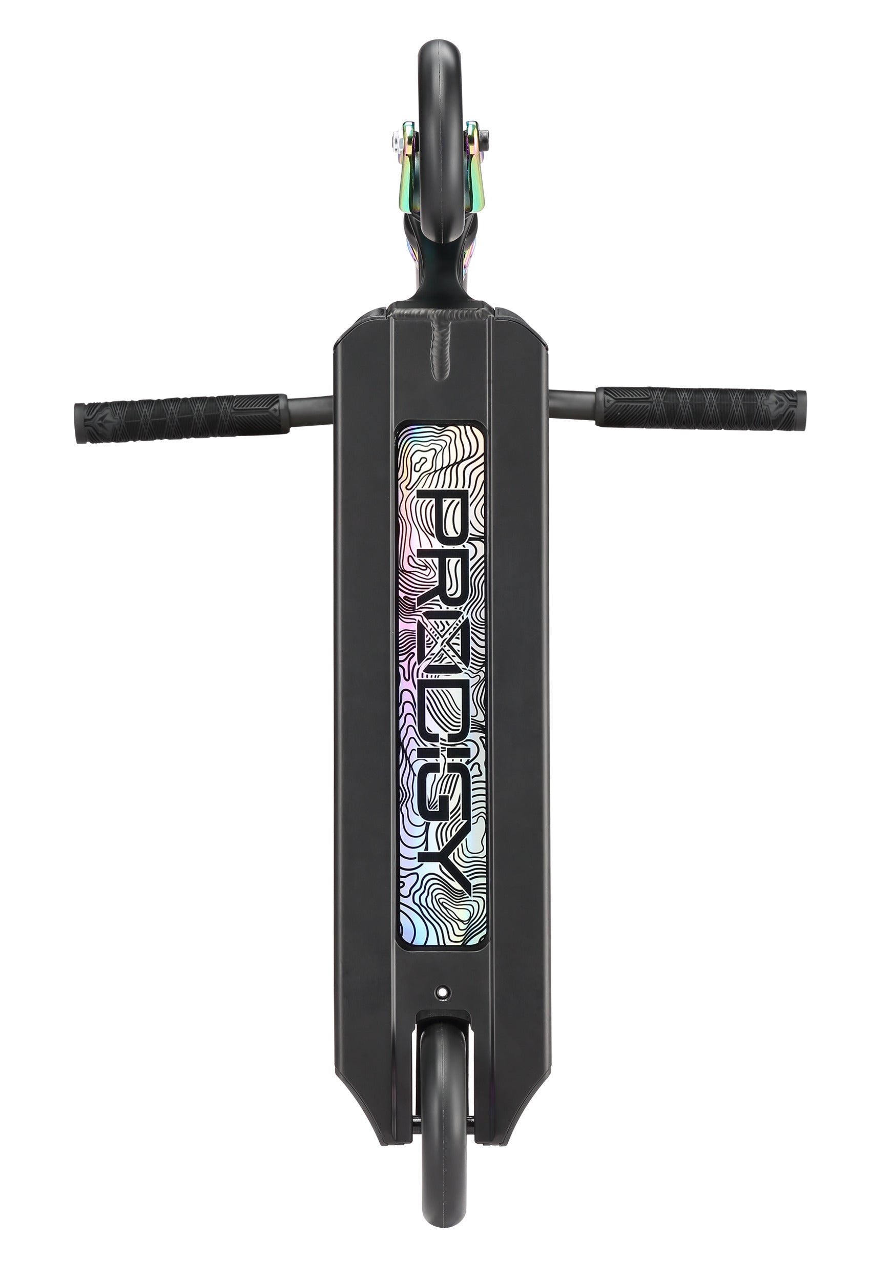 Top view of the Blunt Envy Prodigy X ONE Complete Stunt Scooter in Black / Oil Slick Neochrome, featuring a sturdy deck with vibrant abstract graphics and "VOYAGER" text, two handlebars, and wheels on both ends.