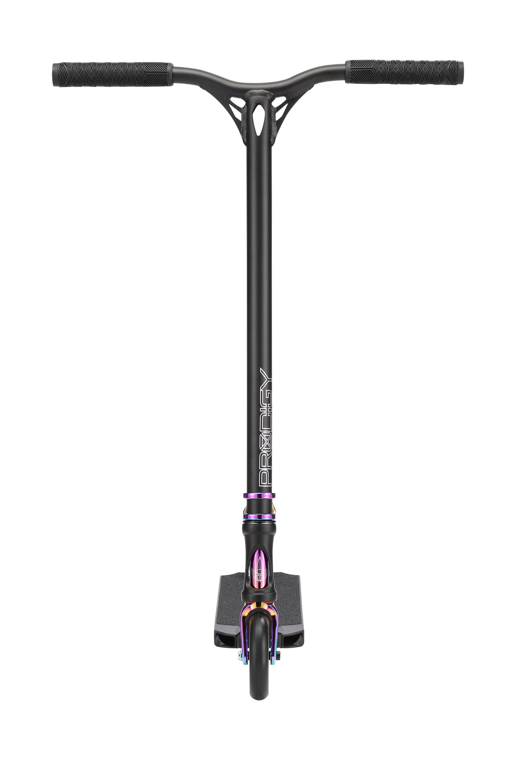Front view of the Blunt Envy Prodigy X ONE Complete Stunt Scooter in Black/Oil Slick Neochrome, featuring a straight handlebar, small front wheel, wide deck, and "PRODIGY" vertically printed on the stem.